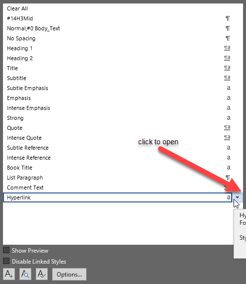 Styles dialog box open, find hyperlink